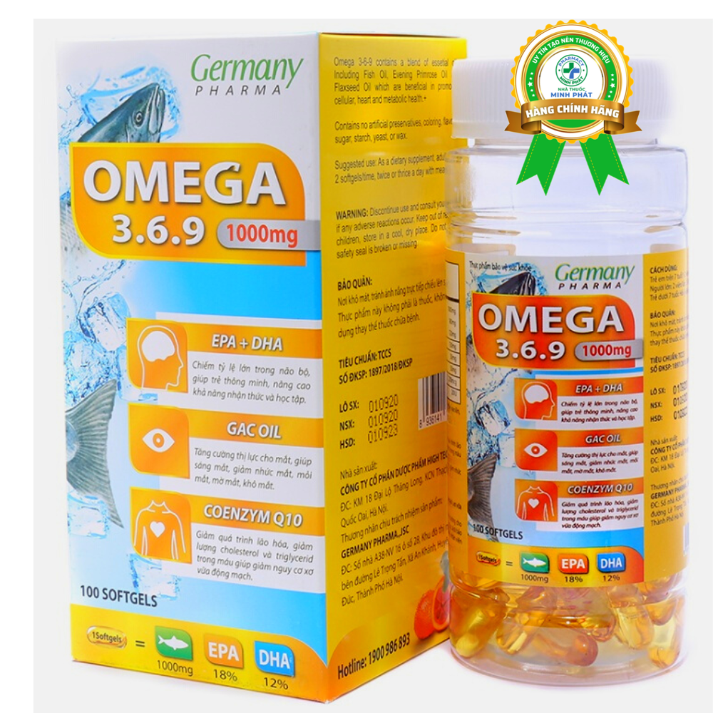 Viên dầu cá 1000mg Omega 369 bổ mắt, bổ não, khỏe mạnh tim mạch - Hộp 100 viên bổ sung EPA 180mg, DHA 120mg